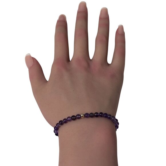 Amethyst Gemstone Beaded Stretch Bracelet with 14K Gold Accent Bead Handmade Nat - Picture 6 of 6